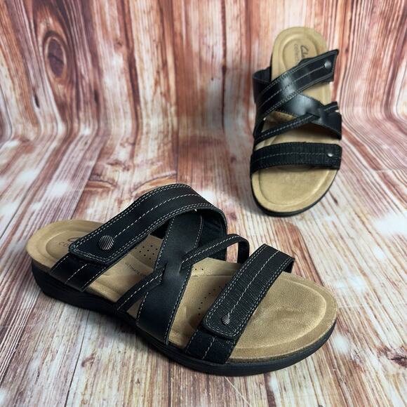 Clarks APRIL WILLOW Size 9 Black Leather Sandals Slides Comfort Open Toe Shoes - Picture 1 of 10